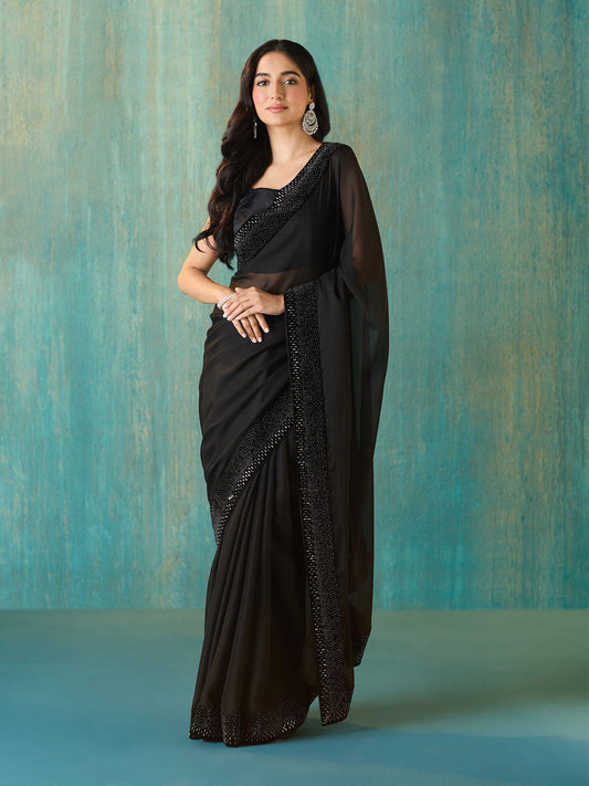 Likha Black Georgette Embellished and Sequined Saree with Unstitched Blouse LIKSAR118 (Free Size)