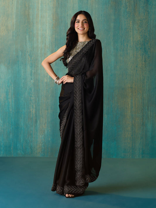 Likha Black Satin Embellished and Sequined Saree with Unstitched Blouse LIKSAR123 (Free Size)