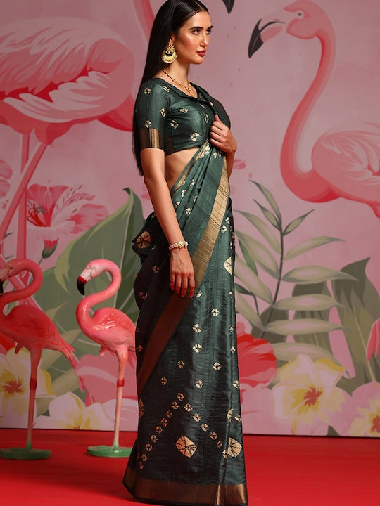 Saree mall Green & Cream-Coloured Bandhani Zari Silk Blend Bandhani Sarees
