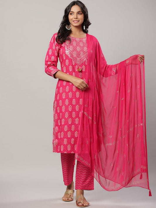 Yufta Women Fuchsia Ethnic Motifs Printed Sequinned Kurta with Trousers & Dupatta