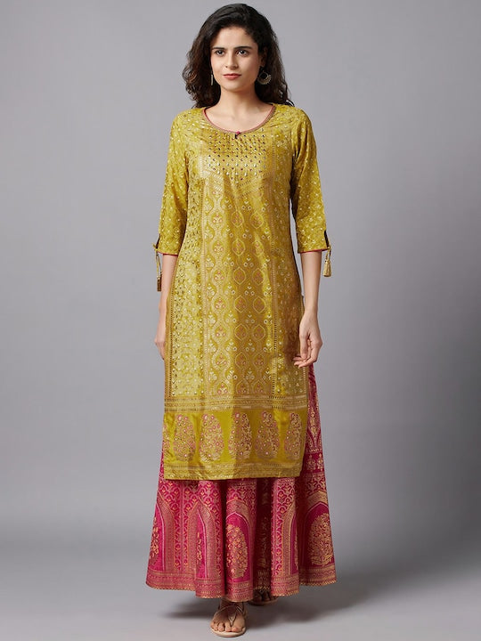 Aurelia Women Green & Gold-Toned Ethnic Motifs Kurta