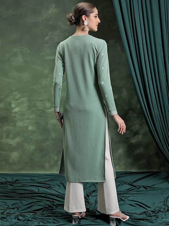 Vishudh Green Floral Woven Design Thread Work Tie-Up Neck Straight Kurta