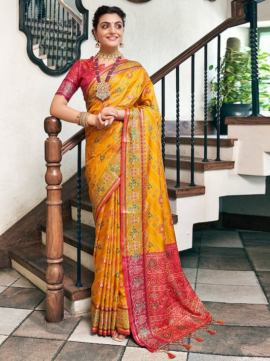 Satrani Yellow & Red Ethnic Motifs Woven Design Zari Jacquard Silk Cotton Banarasi Saree