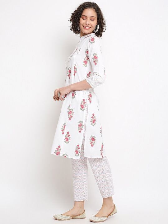 IMARA Floral Printed Mandarin Collar Lace Inserts Pure Cotton Kurta with Trousers