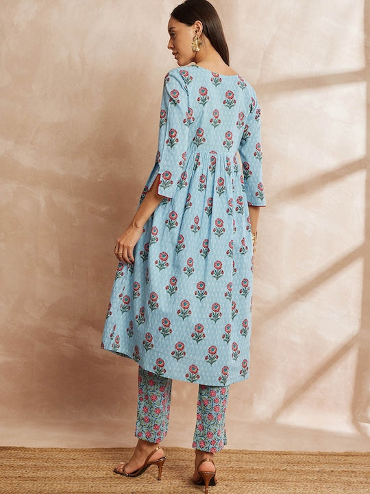All about you Turquoise Blue Floral Yoke Design Pure Cotton Kurta with Trousers