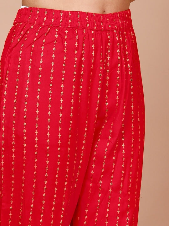 Here&now Floral Embroidered Mirror Work A-line Kurta With Trousers & Dupatta