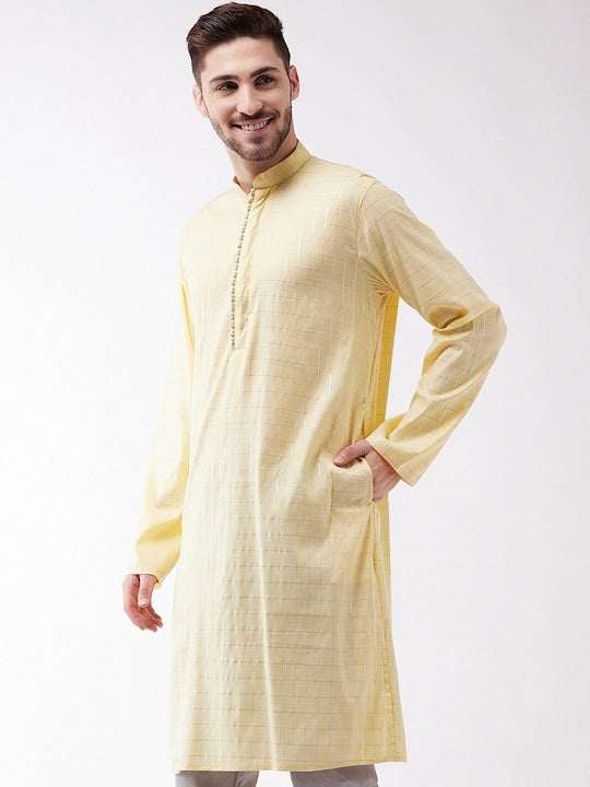 Vastramay Men Yellow & Silver-Toned Checked Thread Work Kurta