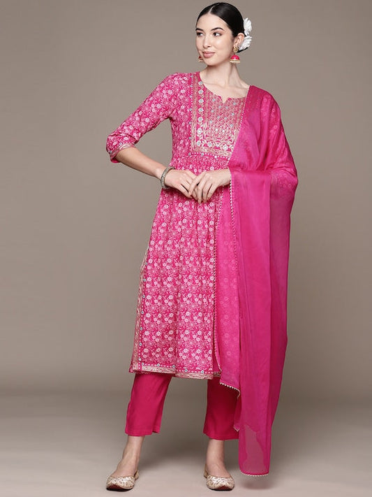 Anubhutee Floral Embroidered High Slit Mirror Work Kurta With Trousers & Dupatta - M
