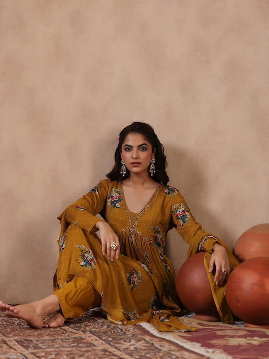 ScakhiI Floral Printed Empire Sequinned Kurta With Trousers & Dupatta