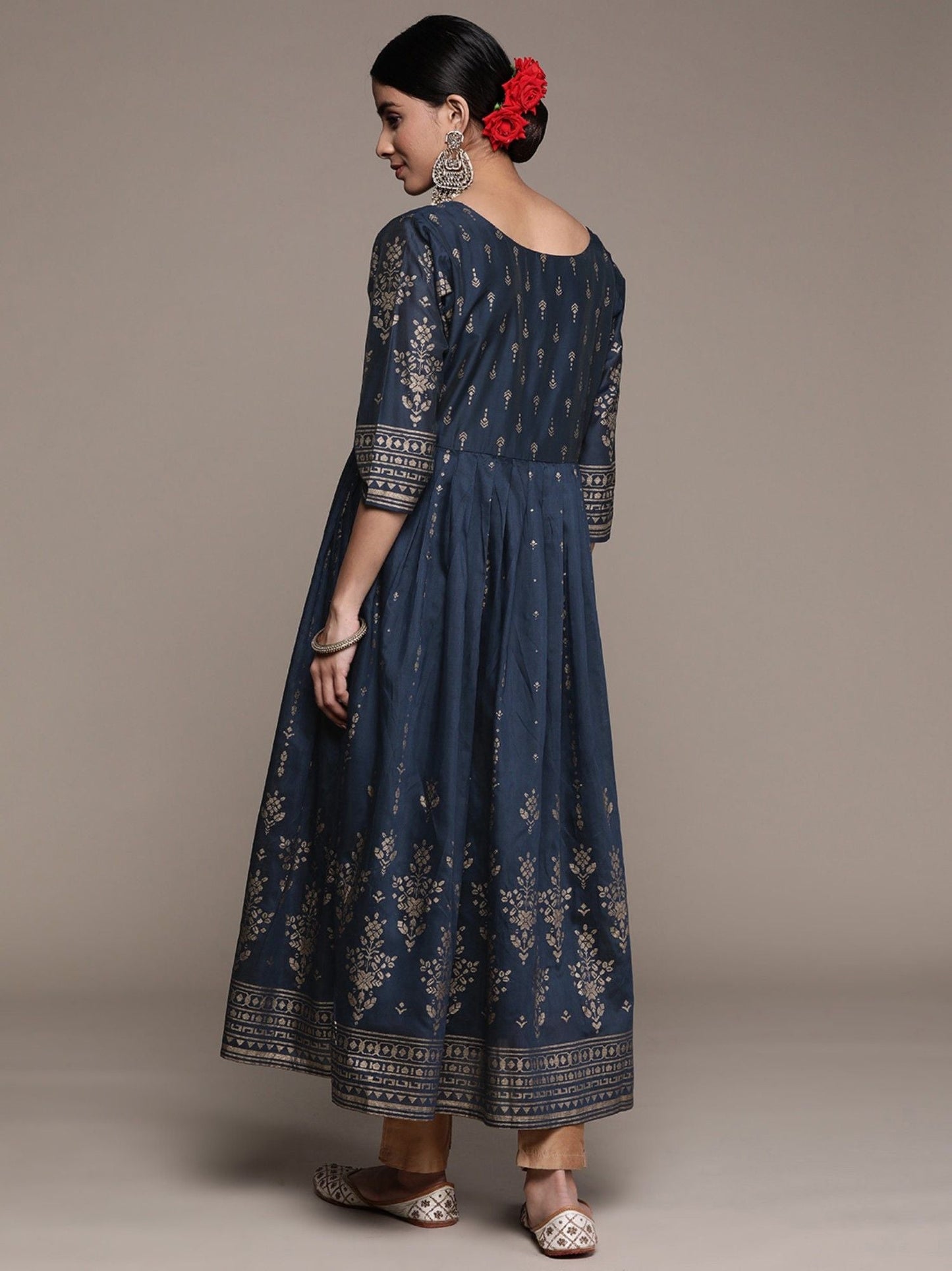 ISHIN Womens Silk Blend Teal Printed Anarkali Kurta