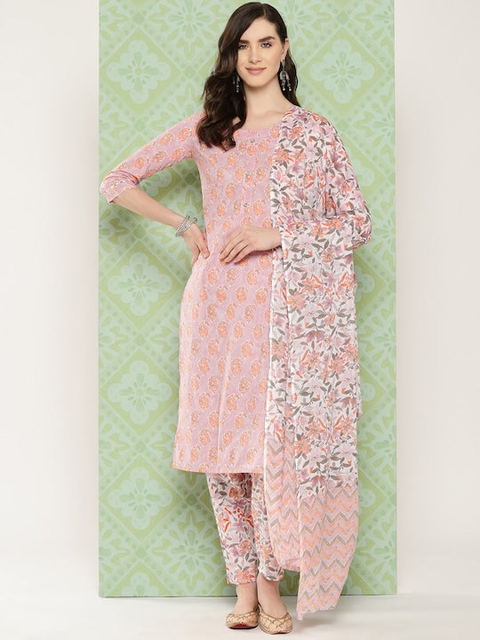 Yufta Women Paisley Printed Regular Pure Cotton Kurta with Trousers & With Dupatta