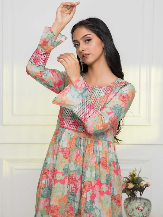 Myshka Floral Printed Bell Sleeves Anarkali Kurta