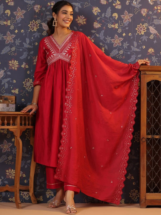 House of Pataudi Ethnic Motifs Yoke Design Straight Kurta & Trousers With Dupatta