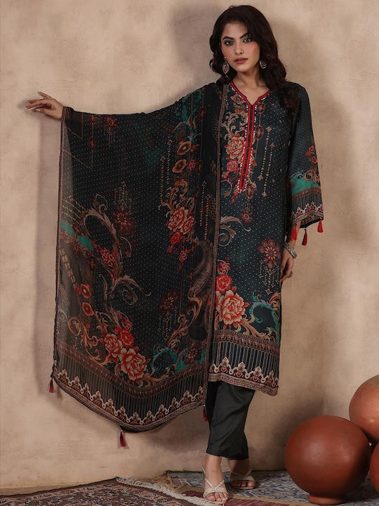 Scakhi Ethnic Motifs Printed Pakistani Style Kurta With Trousers & Dupatta
