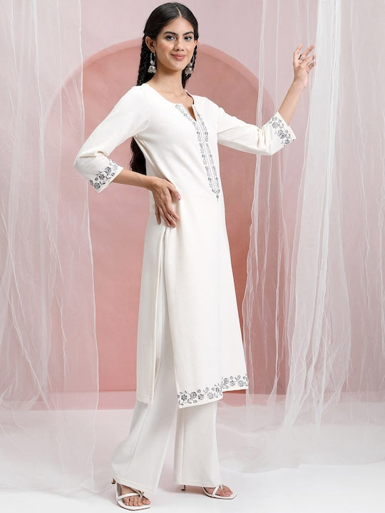 Vishudh Cream-Coloured Floral Yoke Design Thread Work Straight Kurta