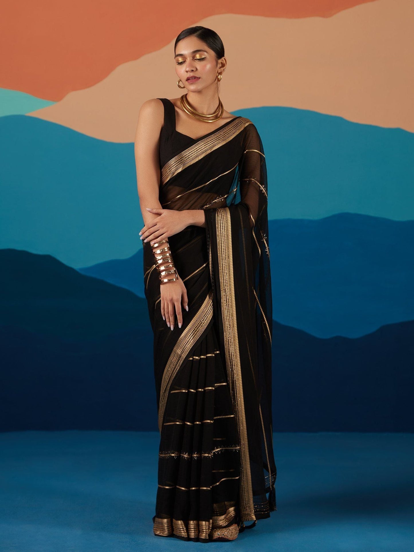 Likha Black Georgette Beads Or Stones Party Wear Saree & Unstitched Blouse LIKSAR45 (Free Size)