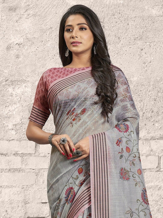 Saree mall Grey & Pink Floral Silk Blend Banarasi Sarees