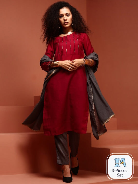 IMARA Ethnic Motifs Embroidered Mirror Work Kurta & Trousers With Dupatta