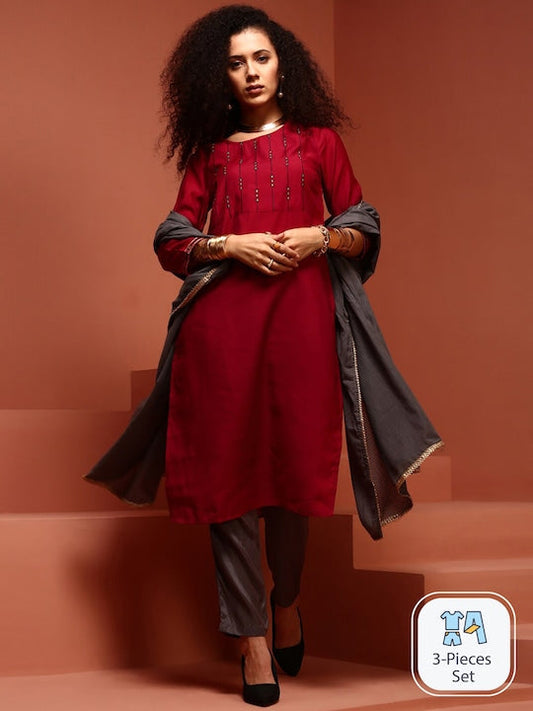 IMARA Ethnic Motifs Embroidered Mirror Work Kurta & Trousers With Dupatta