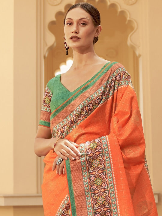 Anouk Orange & Green Checked Zari Bagru Saree