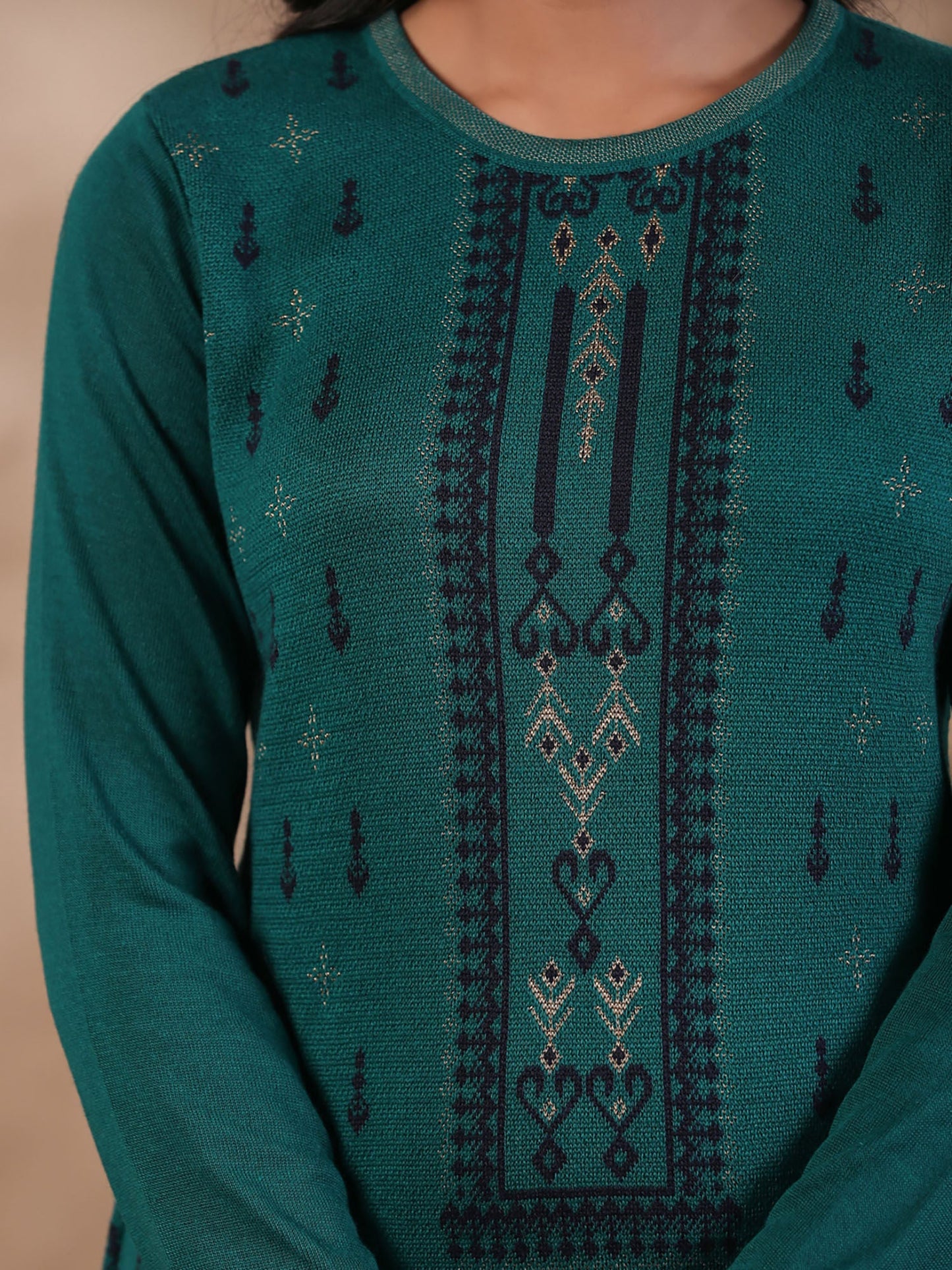 ISHIN Women's Green Jacquard Style Ethnic Motifs Straight Winterwear Kurta