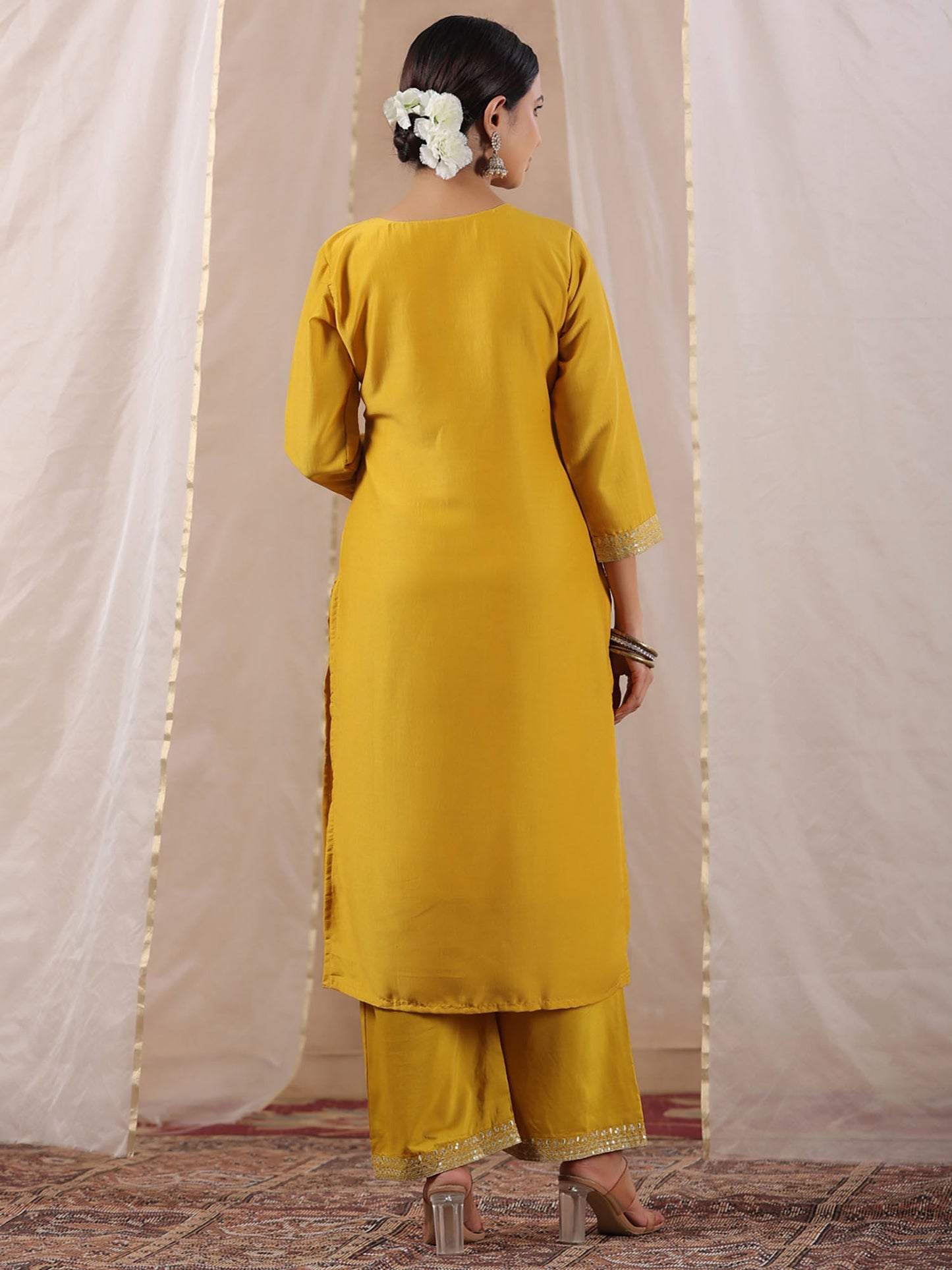 ISHIN Women's Mustard Zari Work Ethnic Motifs Poly Silk Straight Kurta