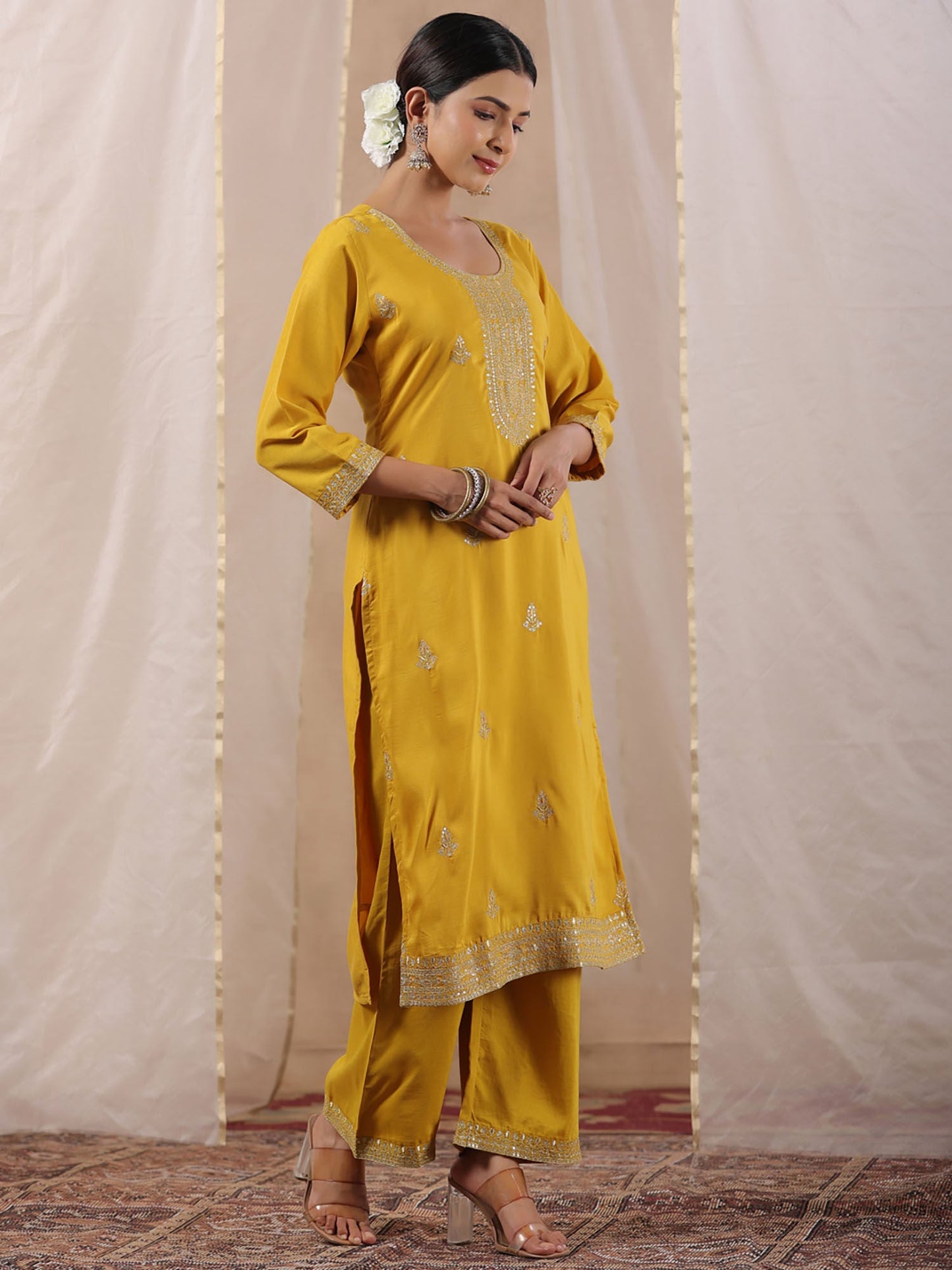 ISHIN Women's Mustard Zari Work Ethnic Motifs Poly Silk Straight Kurta