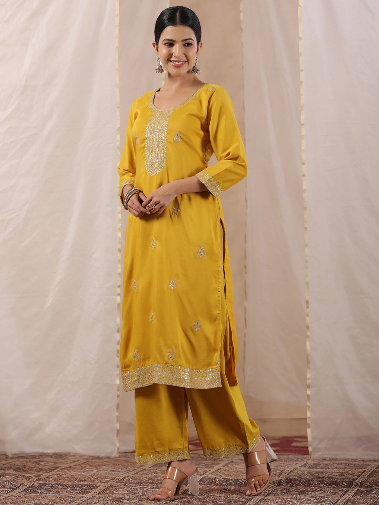 ISHIN Women's Mustard Zari Work Ethnic Motifs Poly Silk Straight Kurta