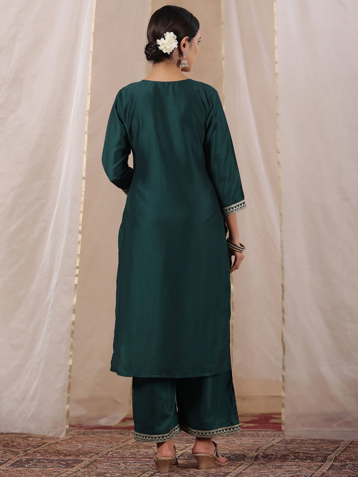 ISHIN Women's Green Zari Work Ethnic Motifs Poly Silk Straight Kurta