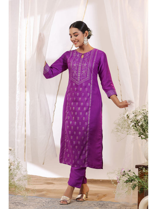 ISHIN Women's Purple Ethnic Motifs Foil Print Straight Kurta with Trousers (Set of 2)
