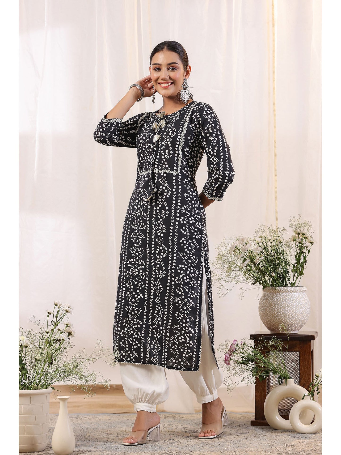 ISHIN Women's Black & Off White Bandhani Printed Gotta Patti Cotton Straight Kurta