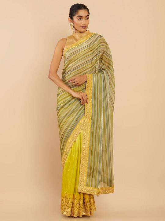 Soch Green & Yellow Striped Embroidered Pure Chiffon Saree