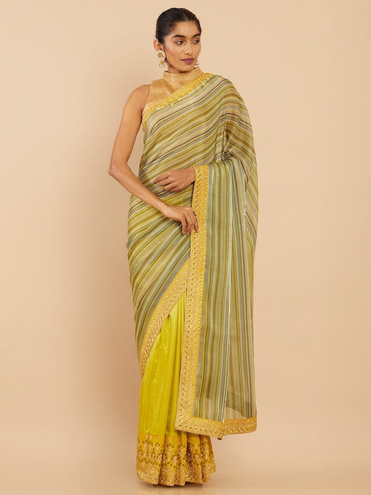 Soch Green & Yellow Striped Embroidered Pure Chiffon Saree