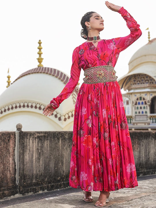 Scakhi Floral Printed Gathered Detailed Chinon Silk Maxi Ethnic Dress With Belt