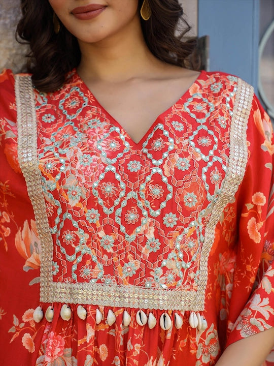 Scakhi Floral Printed V-Neck Pleated Mirror Work Kaftan Kurta With Sharara