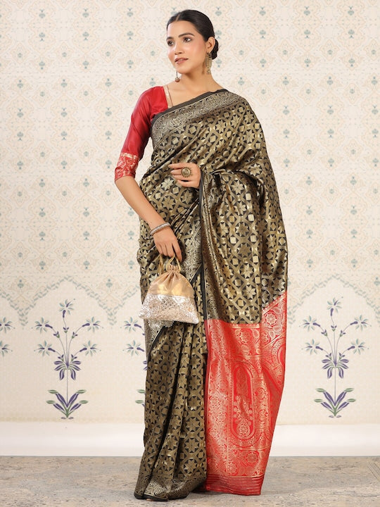 House of Pataudi Black & Red Geometric Woven Design Zari Banarasi Saree