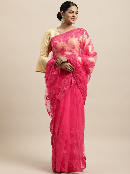 Kasee Red Floral Embroidered Net Saree