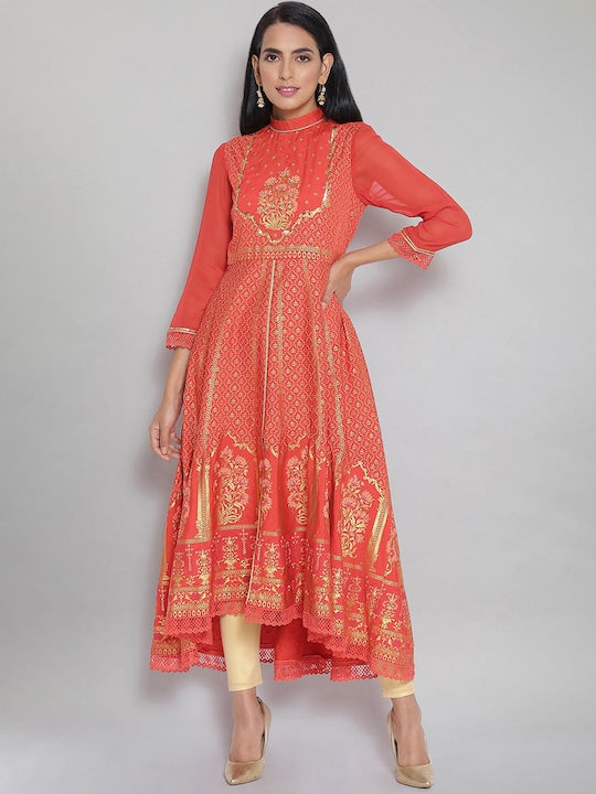 Aurelia Women Orange Paisley Embroidered Flared Sleeves Anarkali Kurta