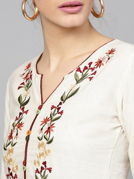 Yufta Women Off-White & Maroon Embroidered Kurta with Trousers