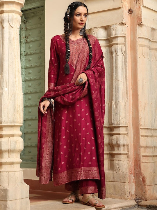 Scakhi Women Fuchsia Ethnic Motifs High Slit Pure Wool Kurta with Trousers & With Dupatta