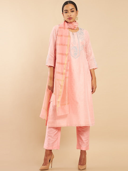 Soch Women Pink Panelled Chanderi Cotton Kurti with Trousers & With Dupatta - XXL