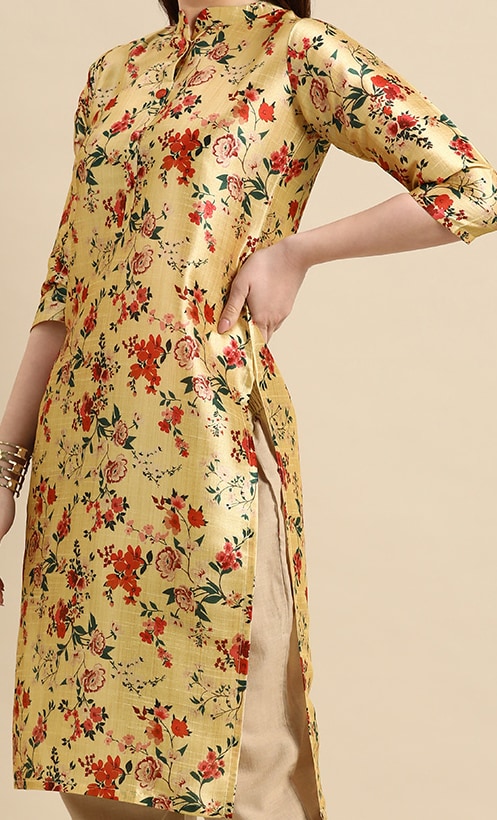 All about you Women Mustard Yellow & Red Floral Print Chanderi Silk Blend Straight Kurta