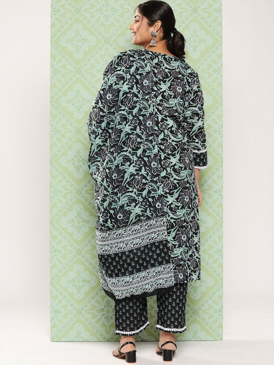 Yufta Plus Size Floral Printed Sequinned Pure Cotton Kurta with Trousers & Dupatta