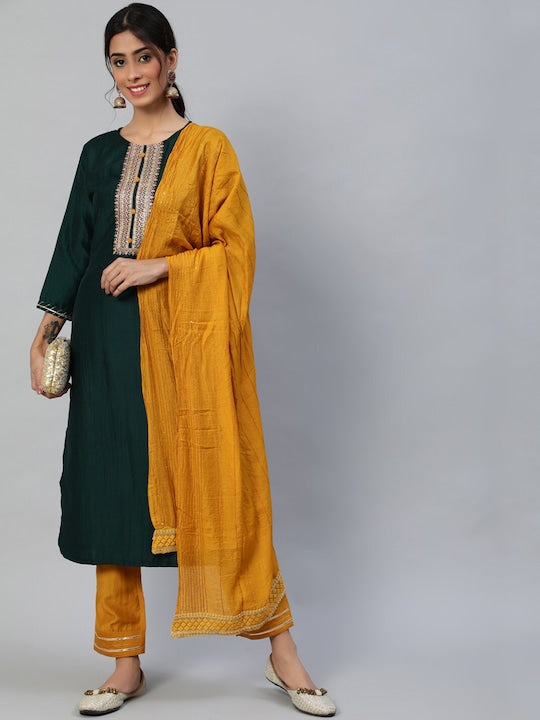 Anubhutee Women Green Regular Kurta with Trousers & With Dupatta - L