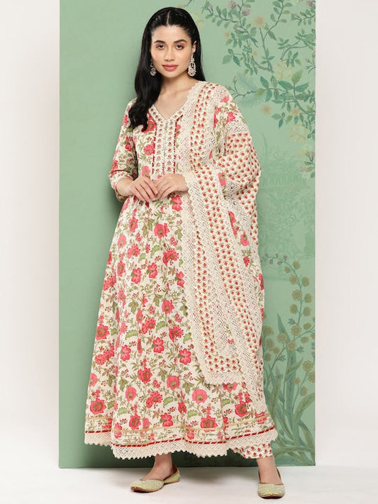 Yufta Women Floral Printed Regular Pure Cotton Kurta with Trousers & Dupatta