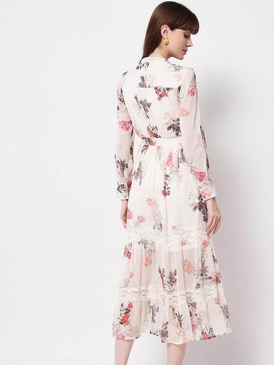 Here&now Off White & Red Floral Tie-Up Neck Layered Chiffon A-Line Midi Dress