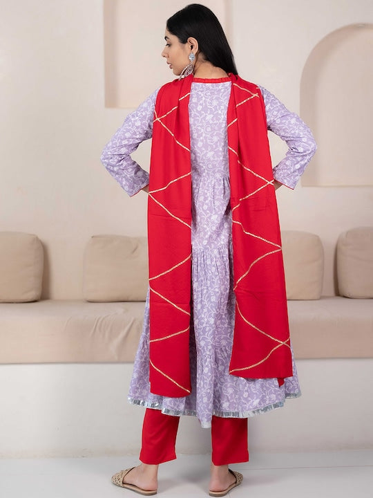 Myshka V-Neck Floral Printed Anarkali Kurta with Trousers & Dupatta