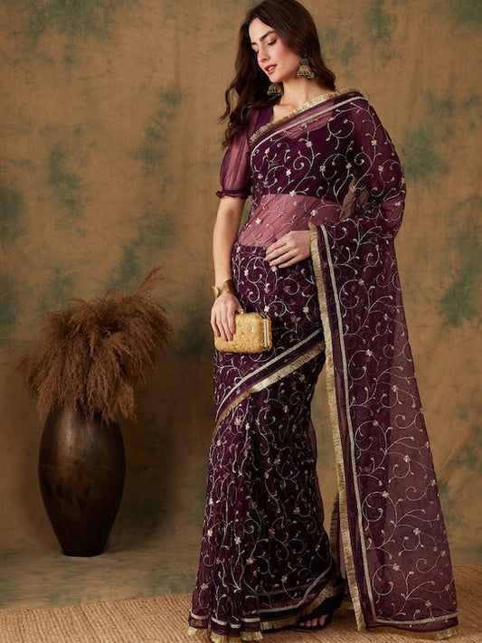 Sangria Floral Zari Jaal Embroidered Sarees