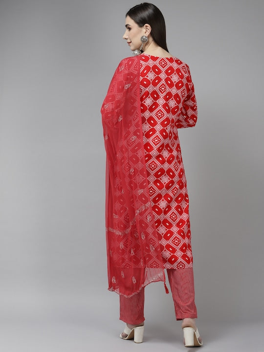 Yufta Women Red Bandhani Embroidered Sequinned Kurta with Trousers & With Dupatta