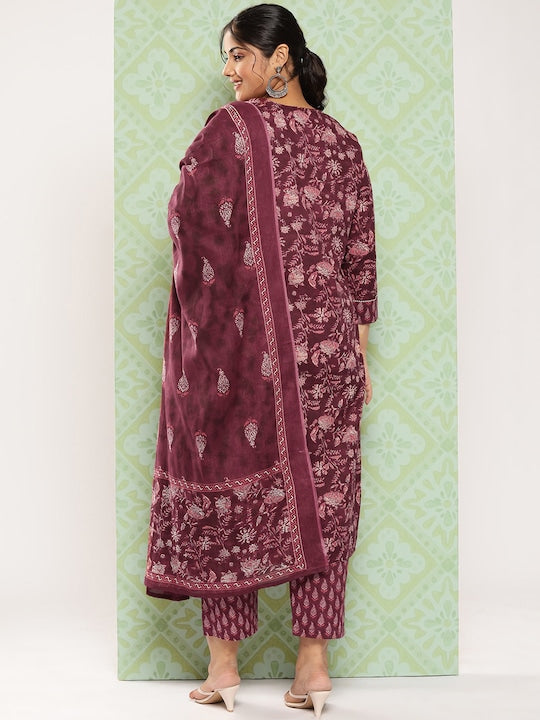 Yufta Plus Size Floral Printed Sequinned Pure Cotton Kurta with Trousers & Dupatta